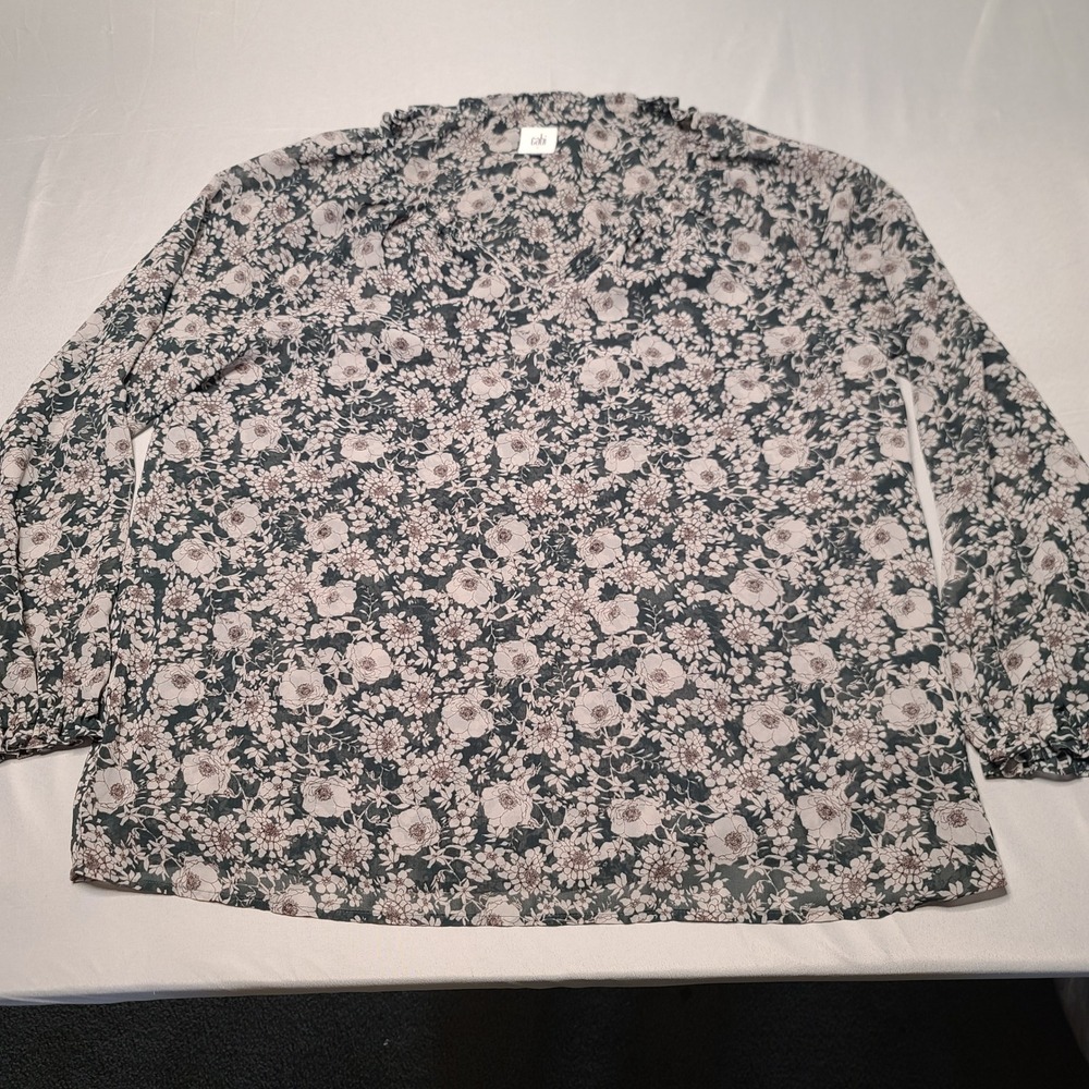 Cabi Floral Chiffon Blouse Womens Small Black Brown 3765 Ruffle Neck Cottagecore